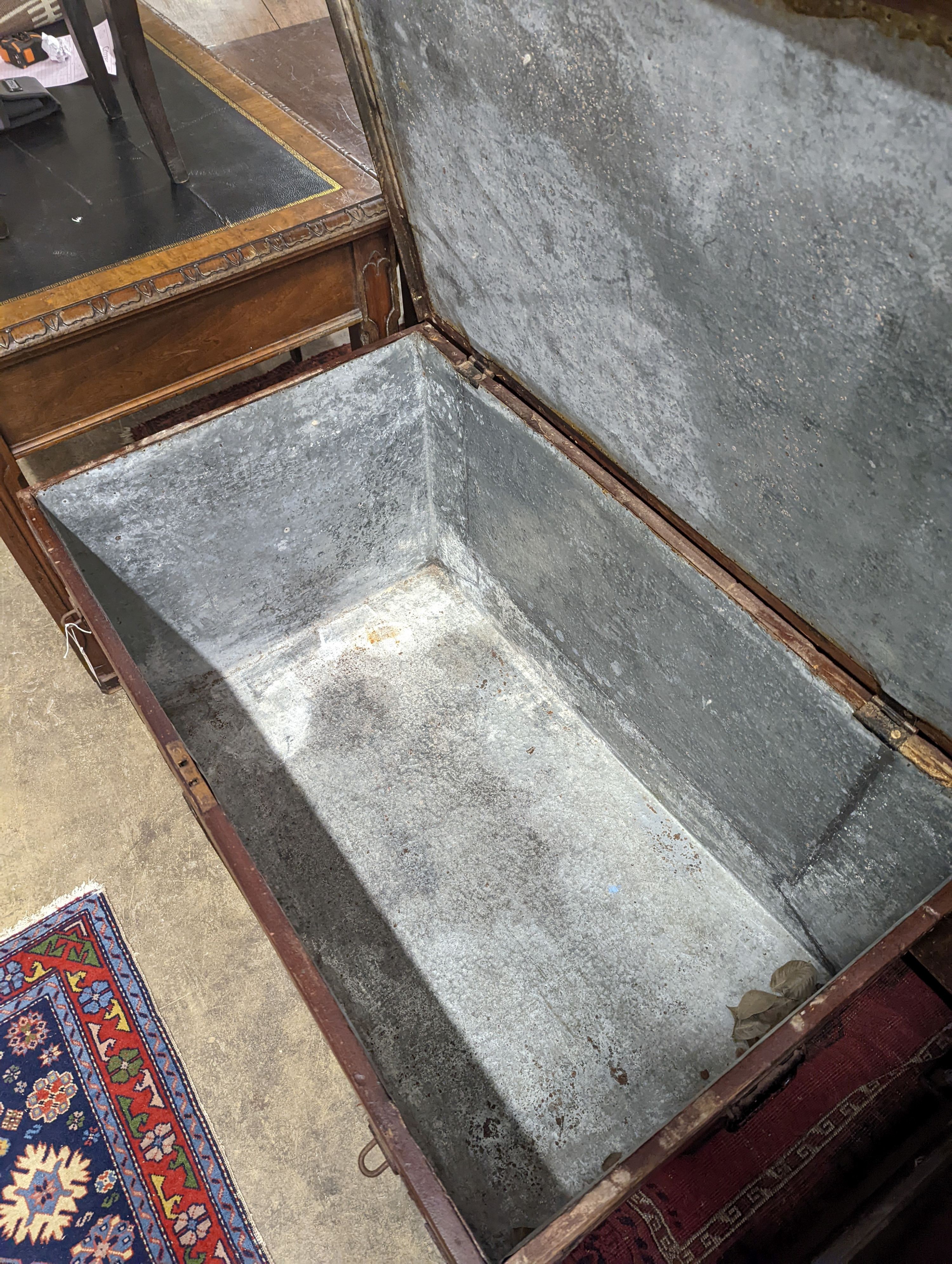 A Victorian iron bound teak trunk with zinc lined interior, width 110cm, depth 67cm, height 61cm